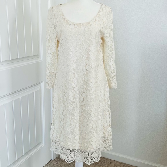 Lapis Dresses & Skirts - LAPIS Ivory Boho Chic Floral Lace Overlay w/ Crochet Hem 3/4 Sleeve Sheath Dress